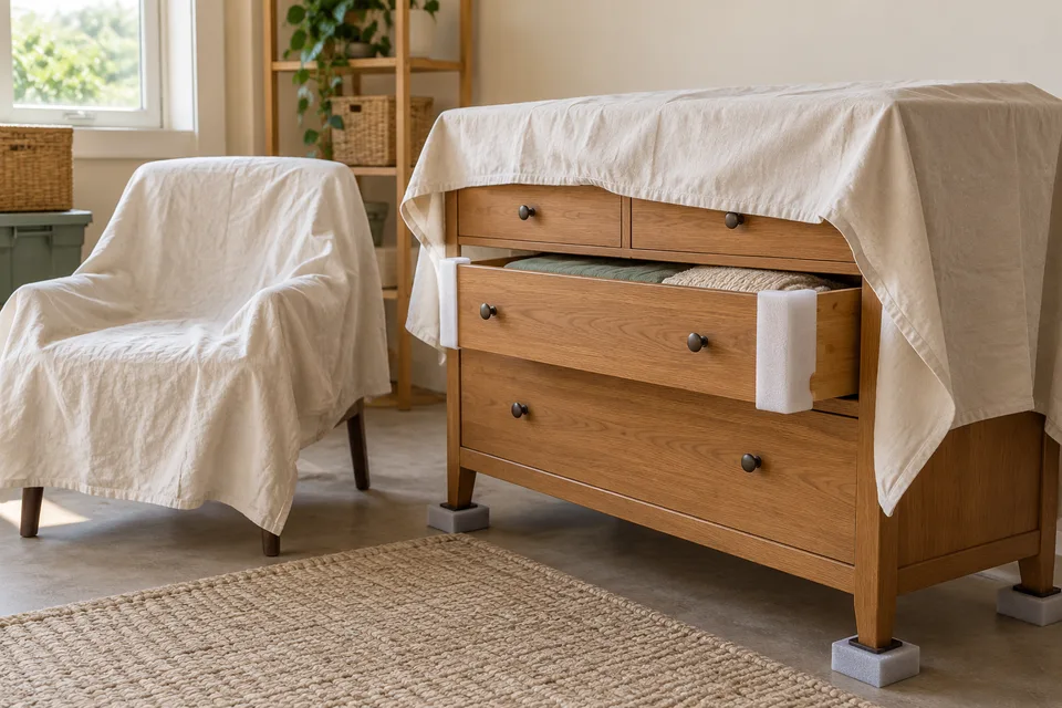 A dresser and upholstered chair protected with breathable covers in a dry storage room.