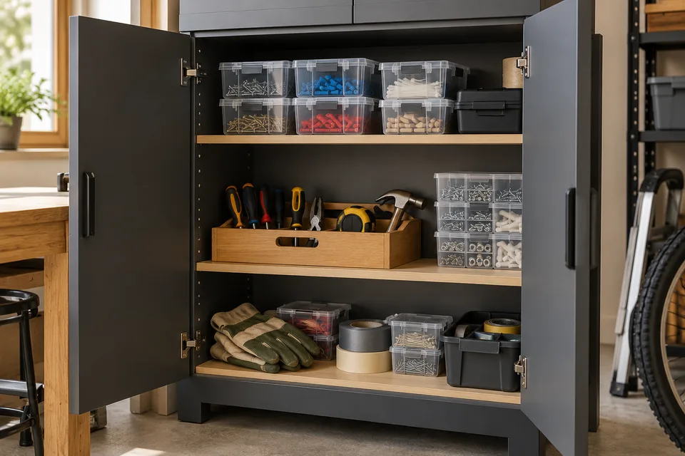 An open garage cabinet with tools and small parts in separate trays.