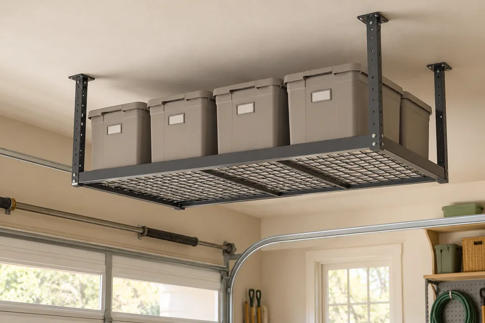 Closed seasonal storage bins on a ceiling-mounted garage rack.