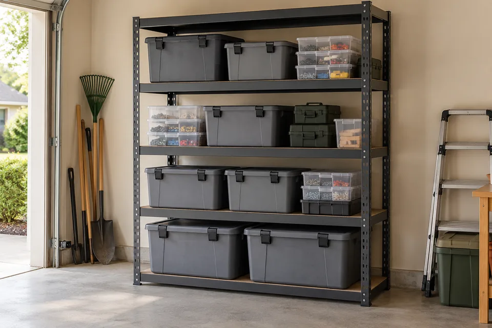 Illustrative AI concept: Steel garage shelves with closed totes, small-parts boxes, and a clear aisle.