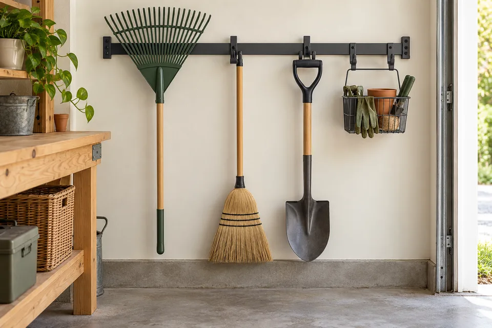 Garden tools hanging separately from a wall-mounted rail above a clear garage floor.