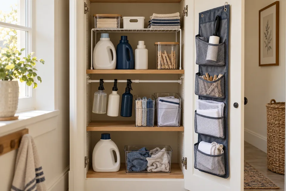 Illustrative AI concept: A narrow laundry cupboard with a shelf riser, spray bottles hanging from a rod, clear bins for cloths, and door pockets.