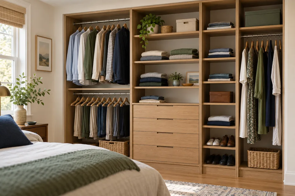 Illustrative AI concept: A complete modular oak closet system with adjustable hanging rails, shelves, and drawers.
