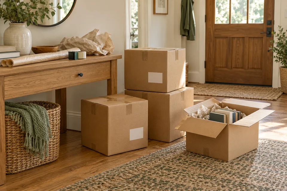 Closed moving boxes with front-facing blank labels beside packing supplies.