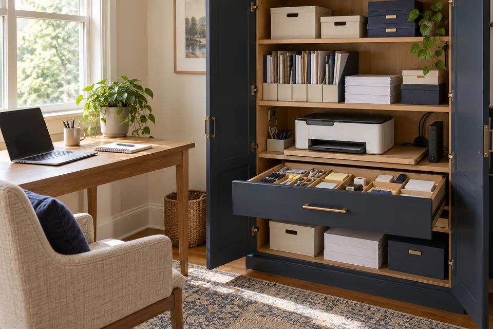 Illustrative AI concept: An open navy office cabinet with divided stationery drawers, upright files, paper refills, storage boxes, and an accessible printer shelf.