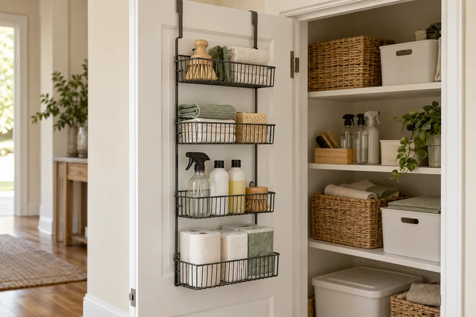 Illustrative AI concept: A narrow basket rack attached over the top of an open cupboard door.