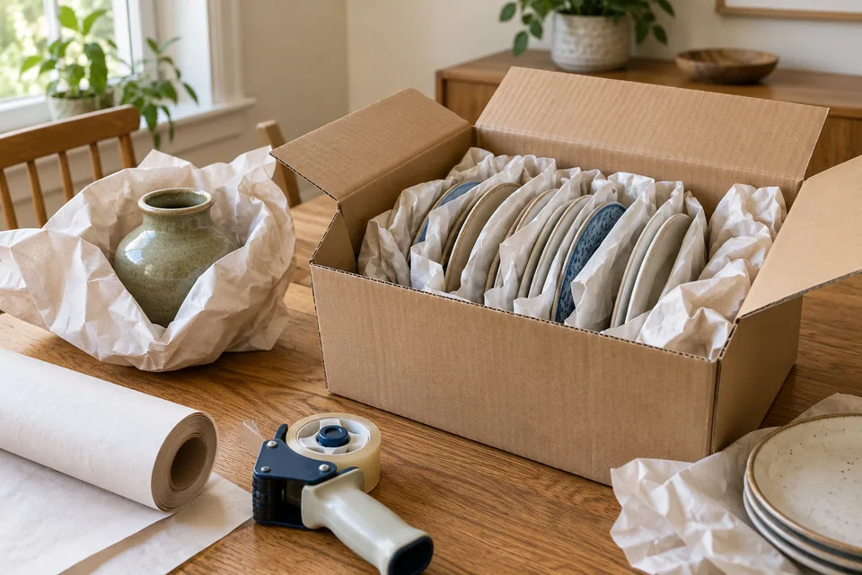 Ceramic dishes individually wrapped in packing paper and placed upright in a moving box.
