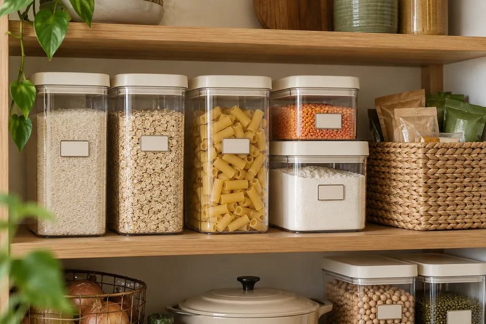 Illustrative AI concept: Clear rectangular containers of dry ingredients grouped on oak pantry shelves.