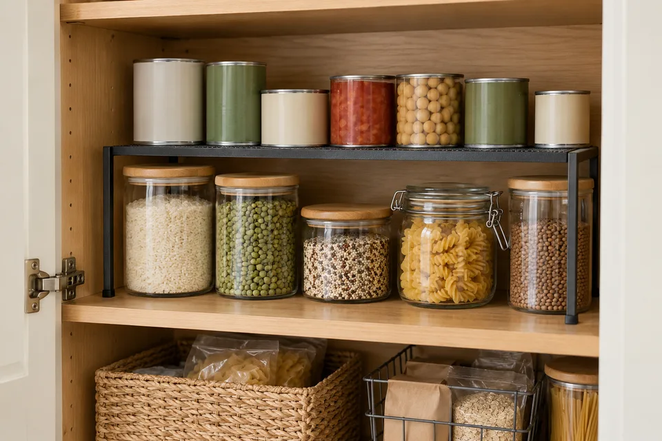 A freestanding pantry shelf riser lifting cans above the front row of jars.
