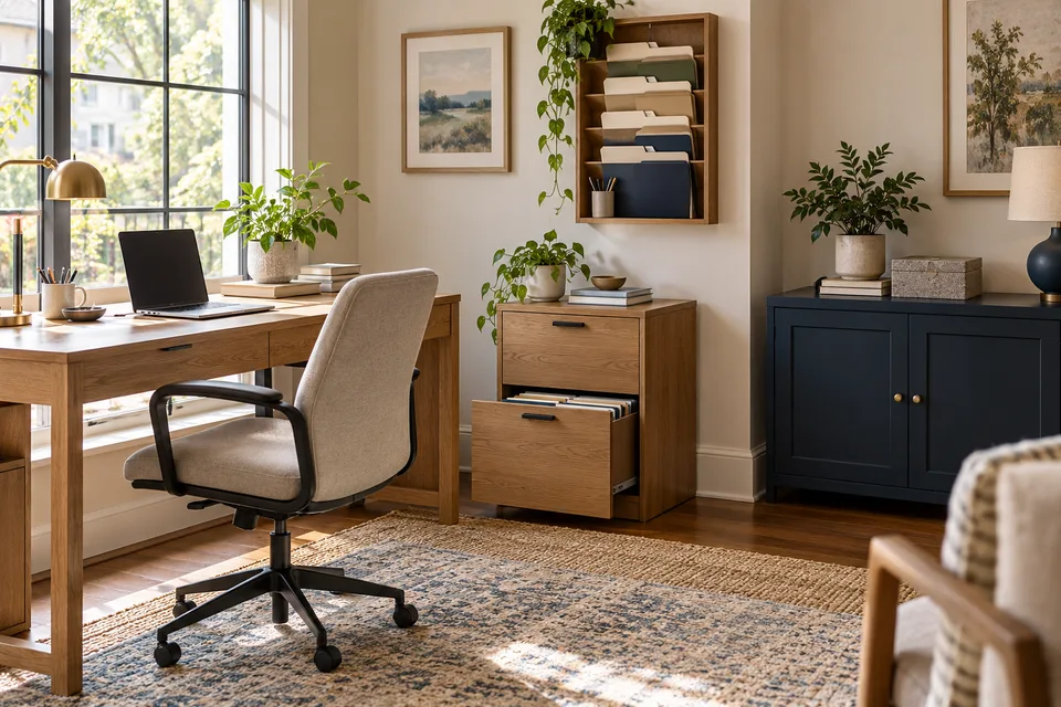 Illustrative AI concept: A home office with an oak two-drawer file cabinet, weekly folders in a wall organizer, and a closed navy storage cabinet.