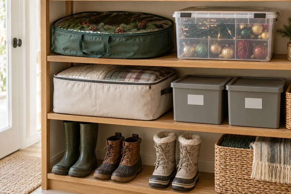 Wreath bags, closed seasonal bins, and blanket bags grouped on sturdy shelves.