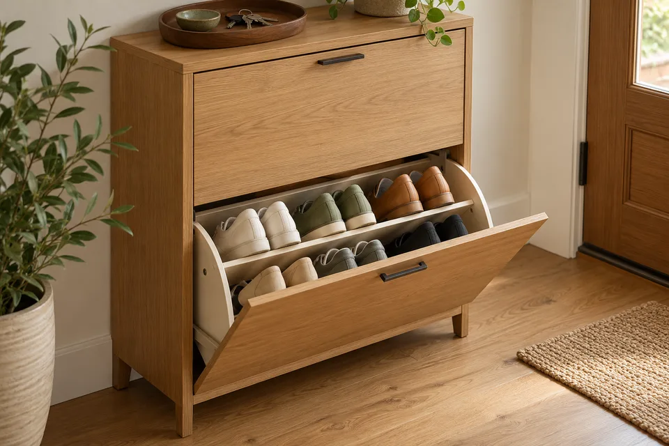 Illustrative AI concept: A shallow tilt-out shoe cabinet open to show neatly paired everyday shoes.