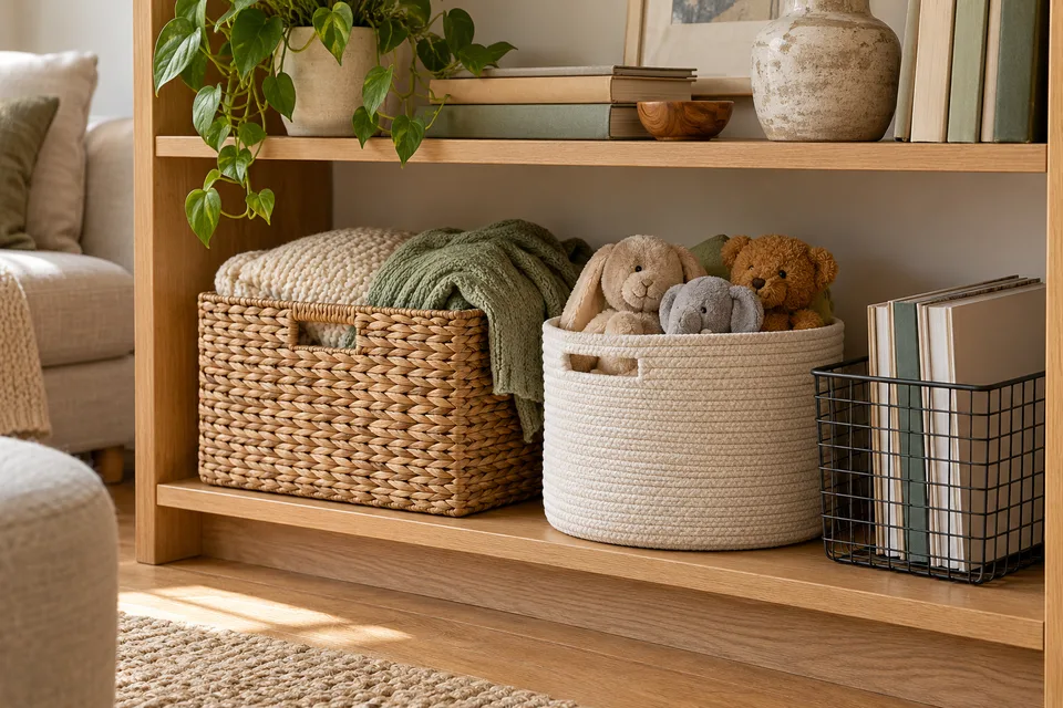 Illustrative AI concept: Woven, cotton-rope, and wire baskets containing ordinary household belongings.