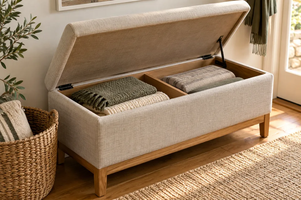 Illustrative AI concept: An upholstered storage bench with a supported open lid and folded blankets inside.