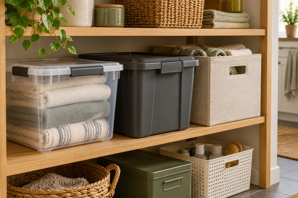 Illustrative AI concept: A clear latching bin, rugged opaque tote, and fabric cube in an oak shelving bay.