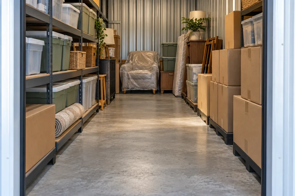An indoor storage unit with shelving, protected belongings, and a clear central aisle.