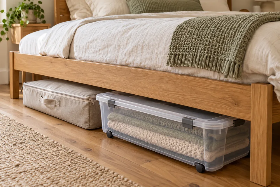 Illustrative AI concept: Shallow containers pulled out beneath an oak bed with folded bedding inside.