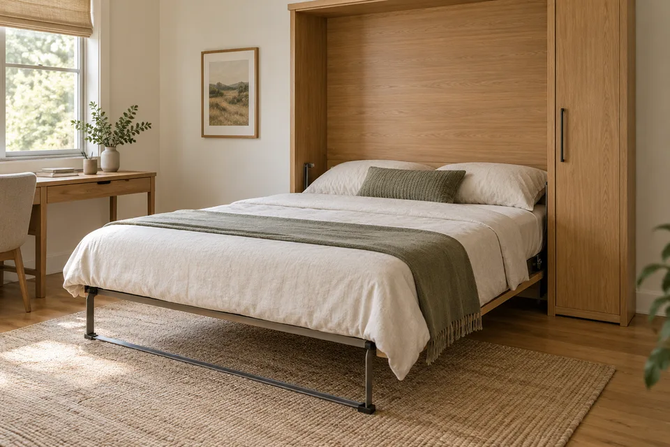 Illustrative AI concept: An oak wall bed lowered in a modest guest room with floor-supported legs.